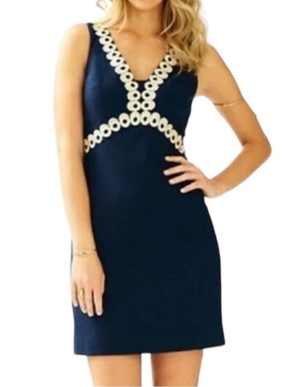Lilly Pulitzer Esme Shift Dress Navy Pique Gold Embroidered Accents Womens 6